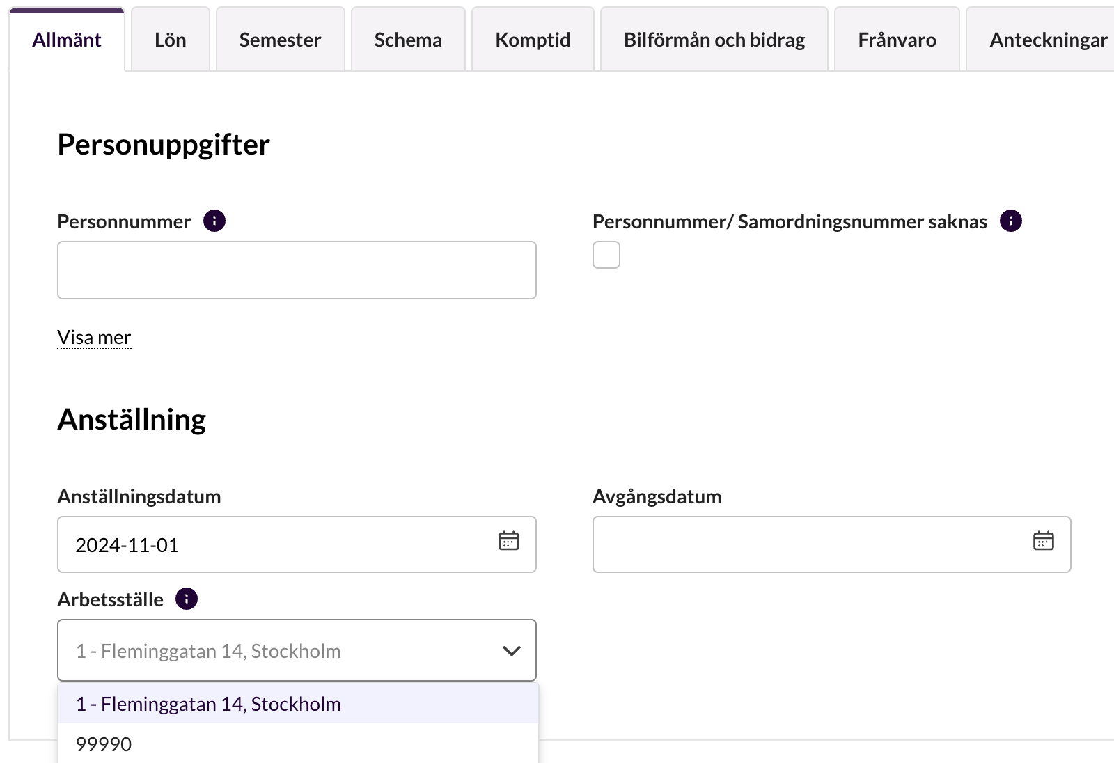 Arbetsställenummer registreras på personnivå i anställningsavtalet