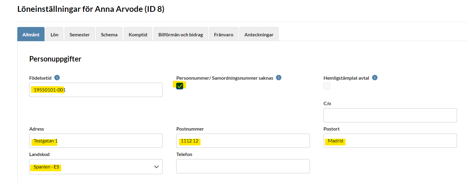 3. Lägg in användarens upggifter på anställningsavtalet (skärmbild 1 av 4)