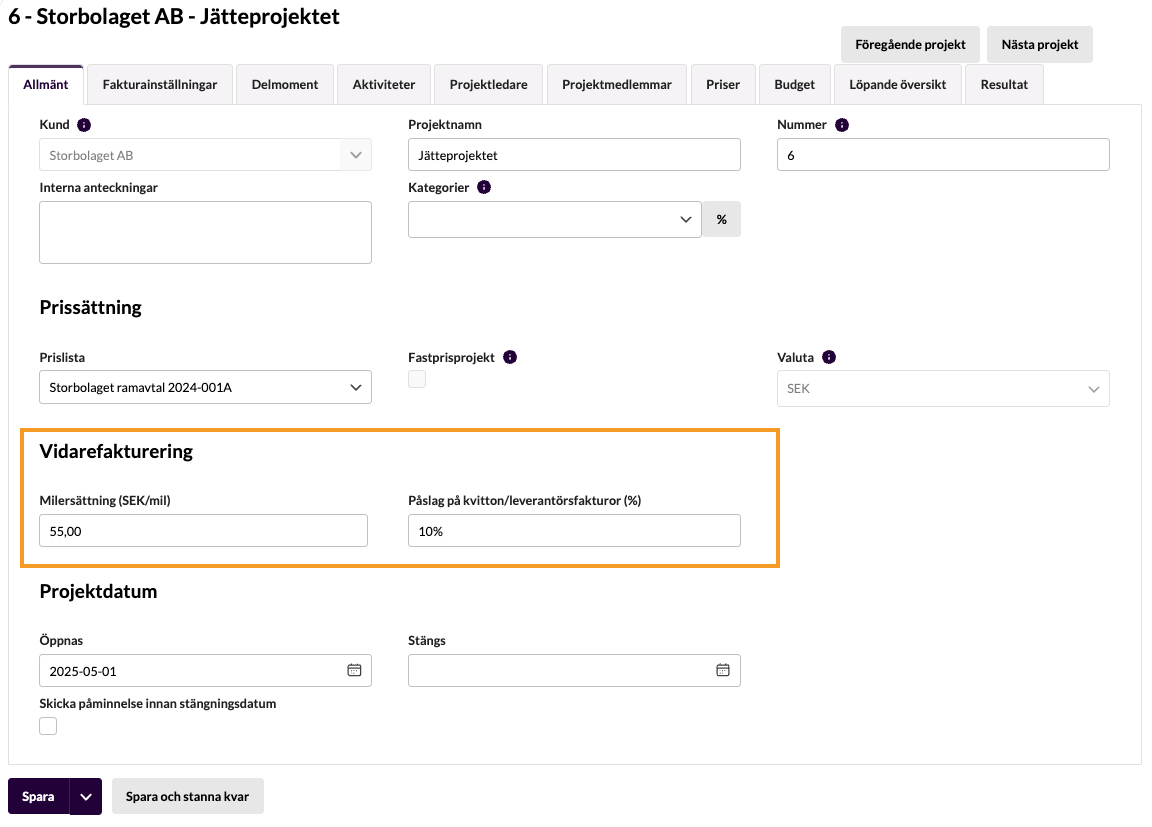 Vidarefaktureringsinställningar per projekt