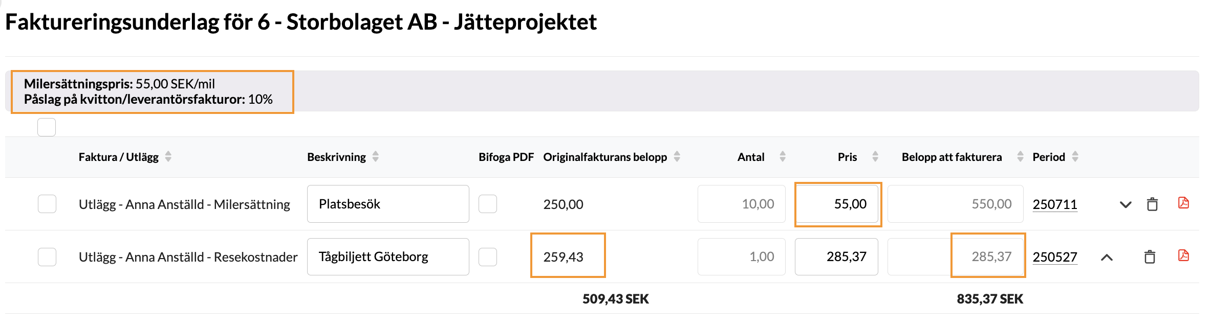 Kundfakturor > Fakturaunderlag (skärmbild 2 av 2)