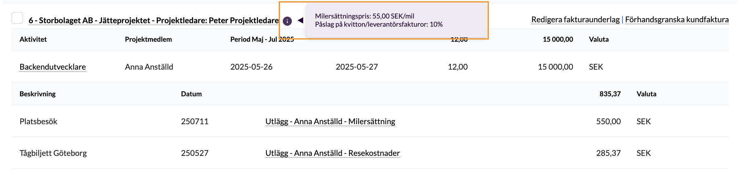 Kundfakturor > Fakturaunderlag (skärmbild 1 av 2)