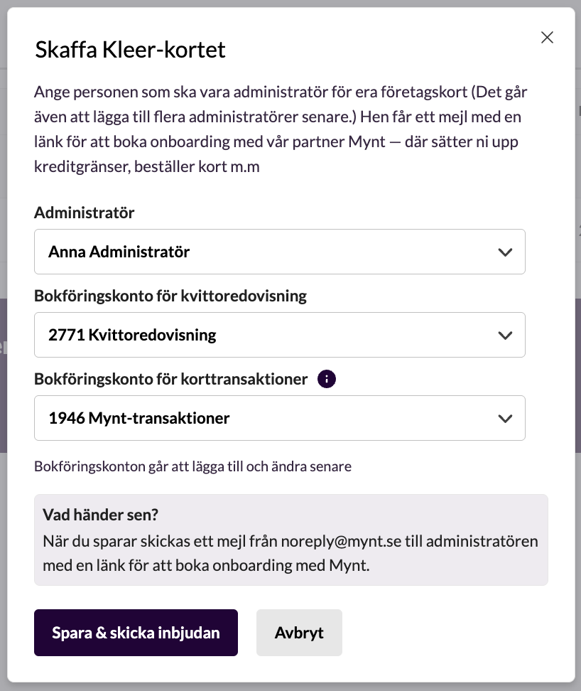 Formuläret Skaffa Kleer-kortet med fälten Administratör, Bokföringskonto för kvittoredovisning och Bokföringskonto för korttransaktioner